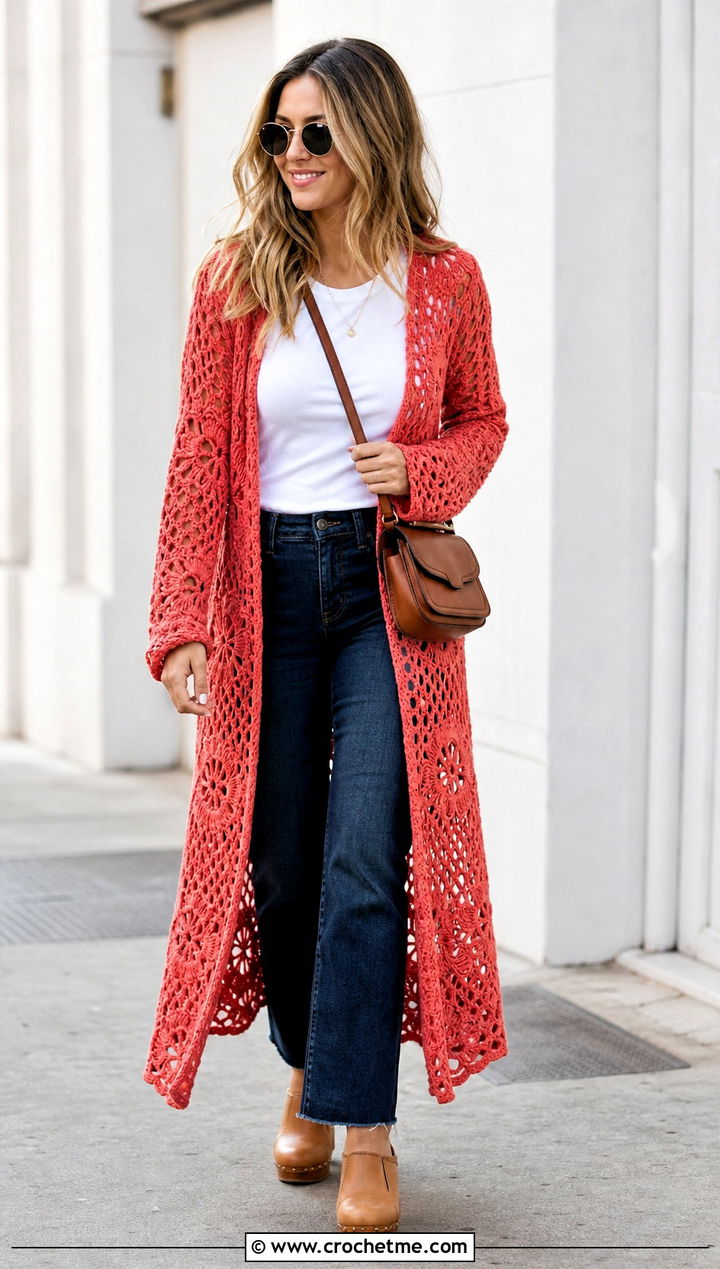 Crochet Duster With T Shirt And Jeans - 30 full crochet outfit ideas