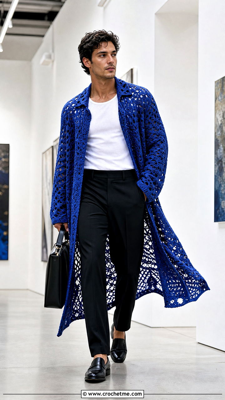 Crochet Duster With T Shirt And Trousers - 35 crochet clothes for men outfit ideas
