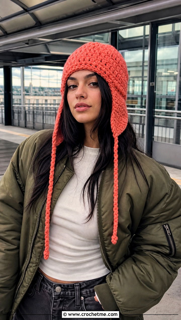 Crochet Earflap Beanie With Bomber Jacket And Cargo Jeans - 25 winter crochet hat for women outfit ideas