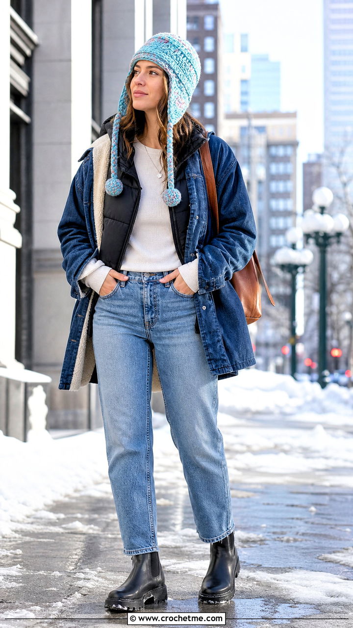 Crochet Earflap Beanie With Double Denim Outfit - 35 crochet winter hat outfit ideas