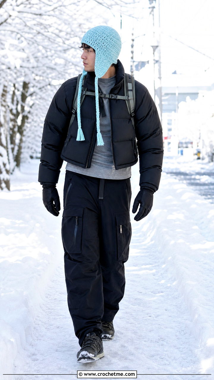 Crochet Earflap Cap With Puffer Jacket - 35 crochet cap for men outfit ideas