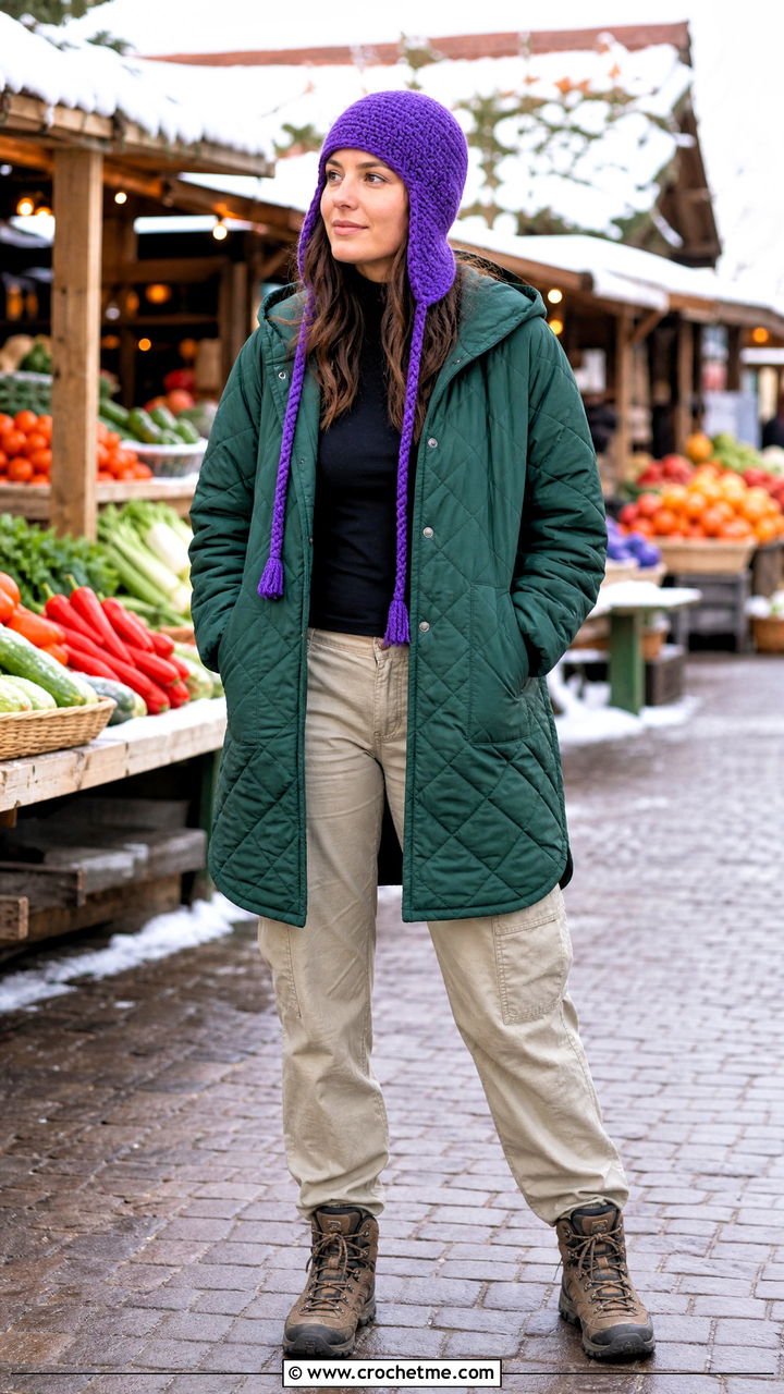 Crochet Earflap Cap With Quilted Coat And Cargo Pants - 35 crochet caps outfit ideas