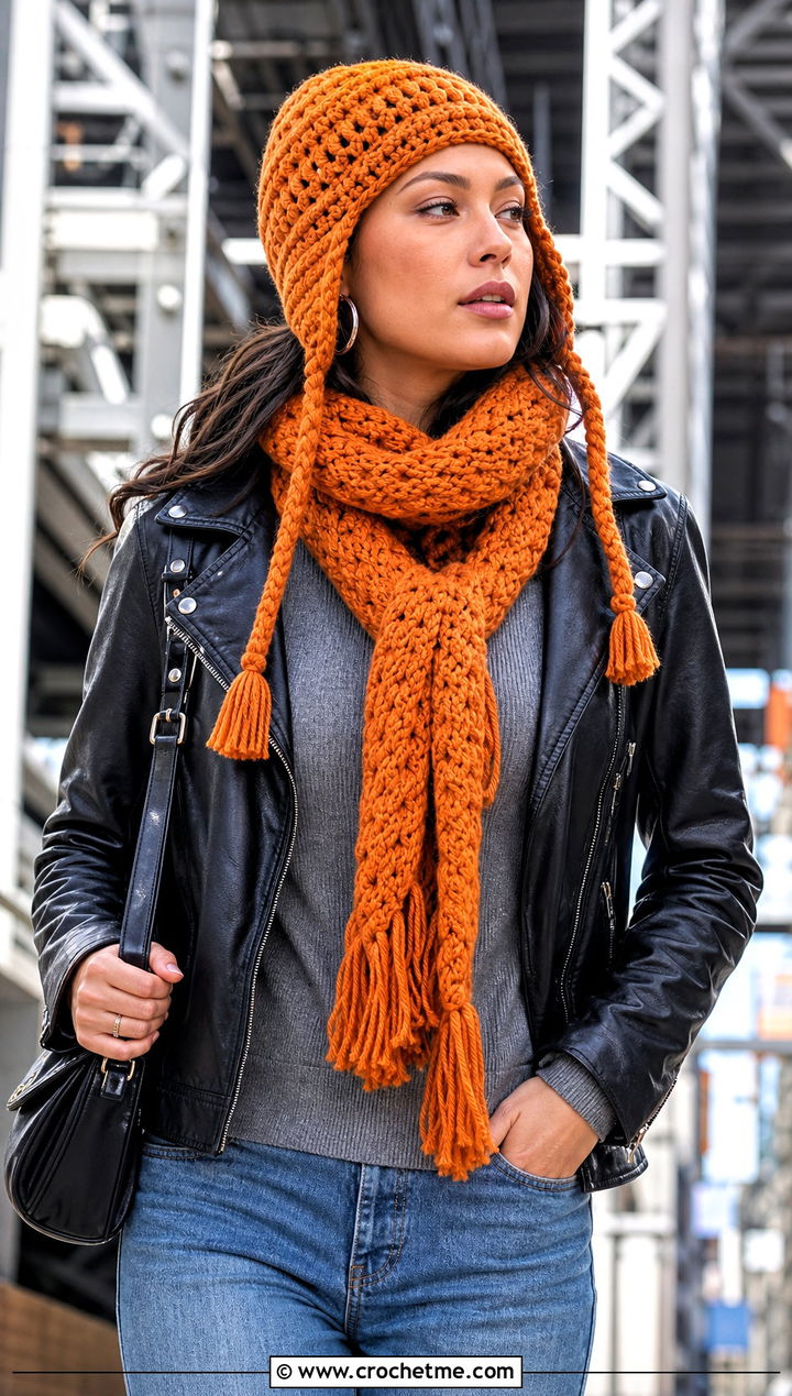 Crochet Earflap Hat And Chunky Scarf With Leather Jacket - 15 Crochet Scarf Hat outfit ideas