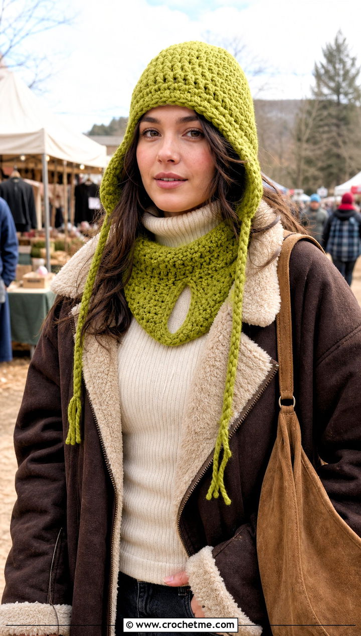 Crochet Earflap Hat And Keyhole Scarf With Shearling Coat - 25 crochet scarf hat combo outfit ideas