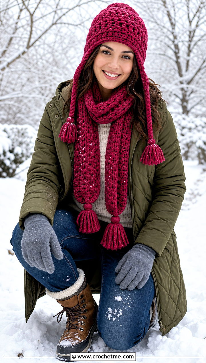 Crochet Earflap Hat And Tasseled Scarf With Quilted Coat - 15 Easy Crochet Hat And Scarf Set outfit ideas