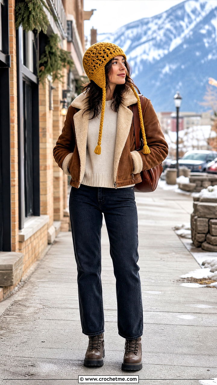 Crochet Earflap Hat With A Shearling Jacket - 35 easy crochet hats outfit ideas