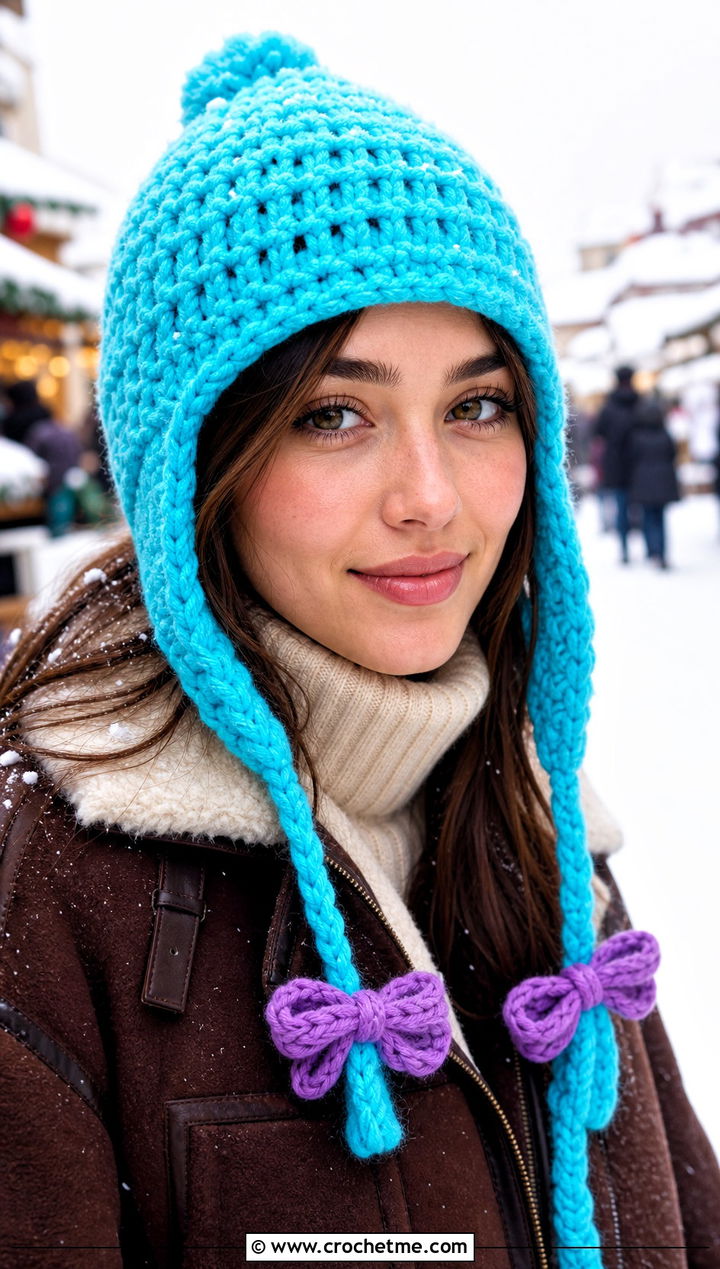 Crochet Earflap Hat With Bow And Shearling Coat - 20 Crochet Hat With Bow outfit ideas