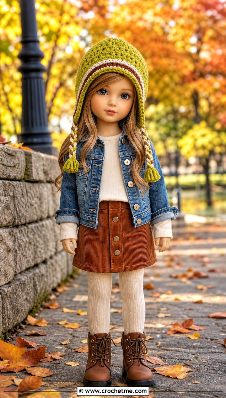 Crochet Earflap Hat With Denim Jacket And Corduroy Skirt - 35 crochet hat for doll outfit ideas