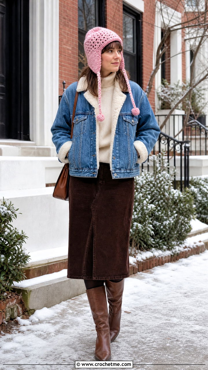Crochet Earflap Hat With Denim Jacket - 35 crochet winter hats outfit ideas