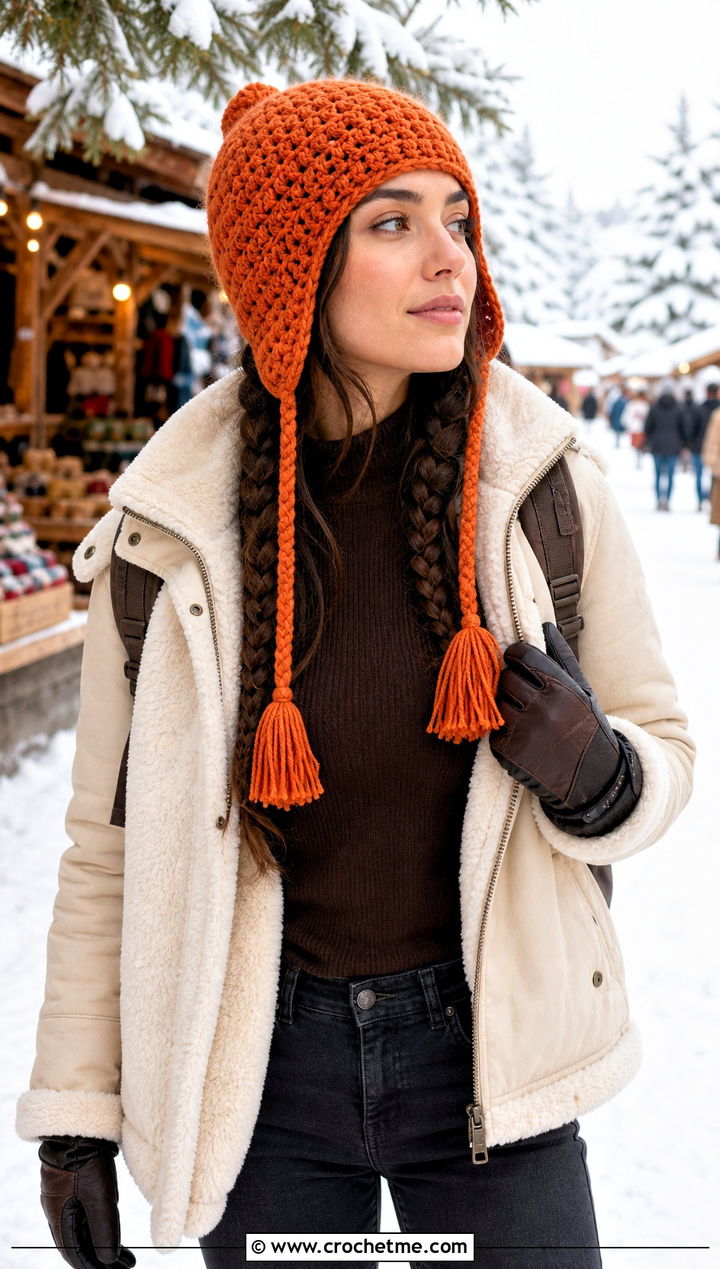 Crochet Earflap Hat With Double Braids And Shearling Jacket - 30 crochet hat with hair outfit ideas