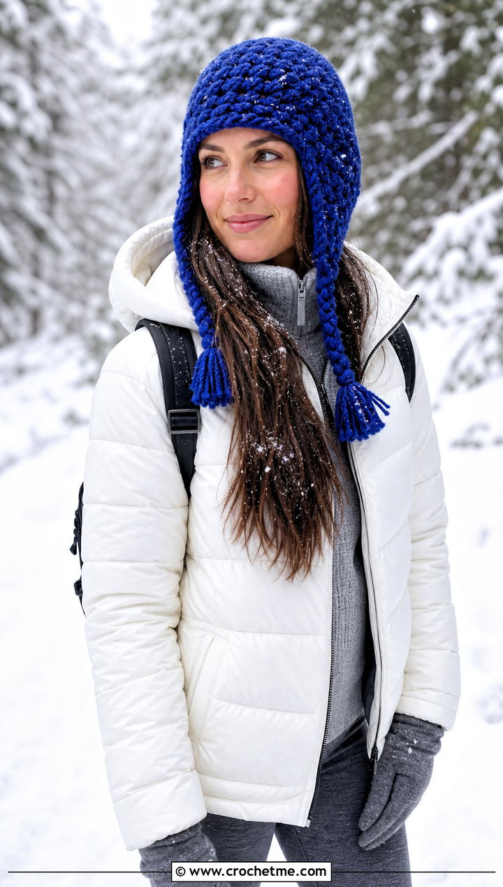 Crochet Earflap Hat With Puffer Coat - 30 Women Crochet Hats outfit ideas