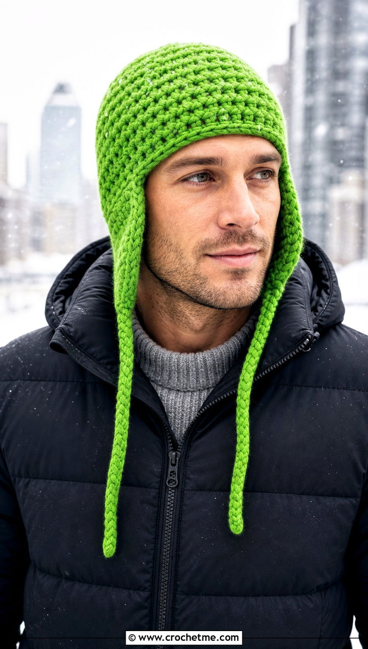 Crochet Earflap Hat With Puffer Jacket - 15 Crochet Men's Hats outfit ideas