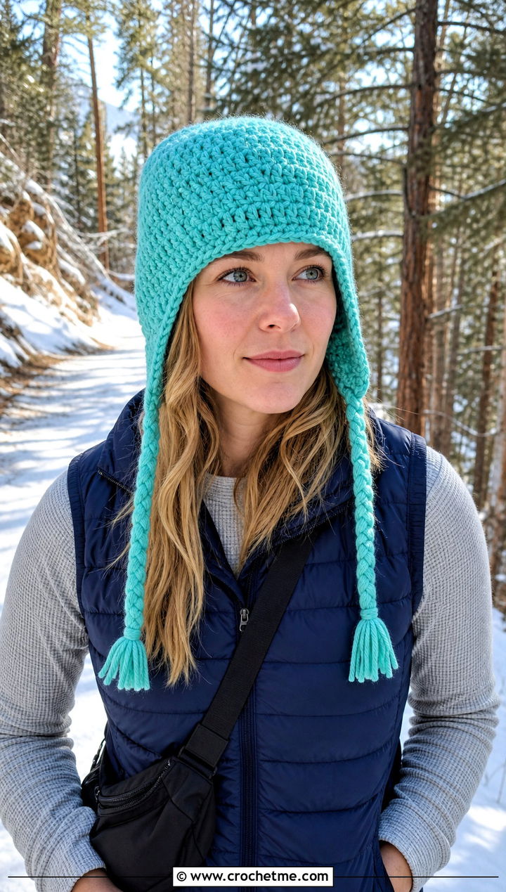 Crochet Earflap Hat With Puffer Vest And Cargo Pants - 15 Country Cottage Crochet Hat outfit ideas