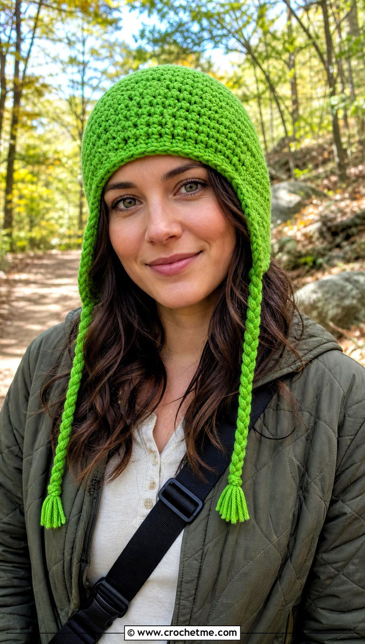 Crochet Earflap Hat With Quilted Jacket - 20 Warm Crochet Hat outfit ideas