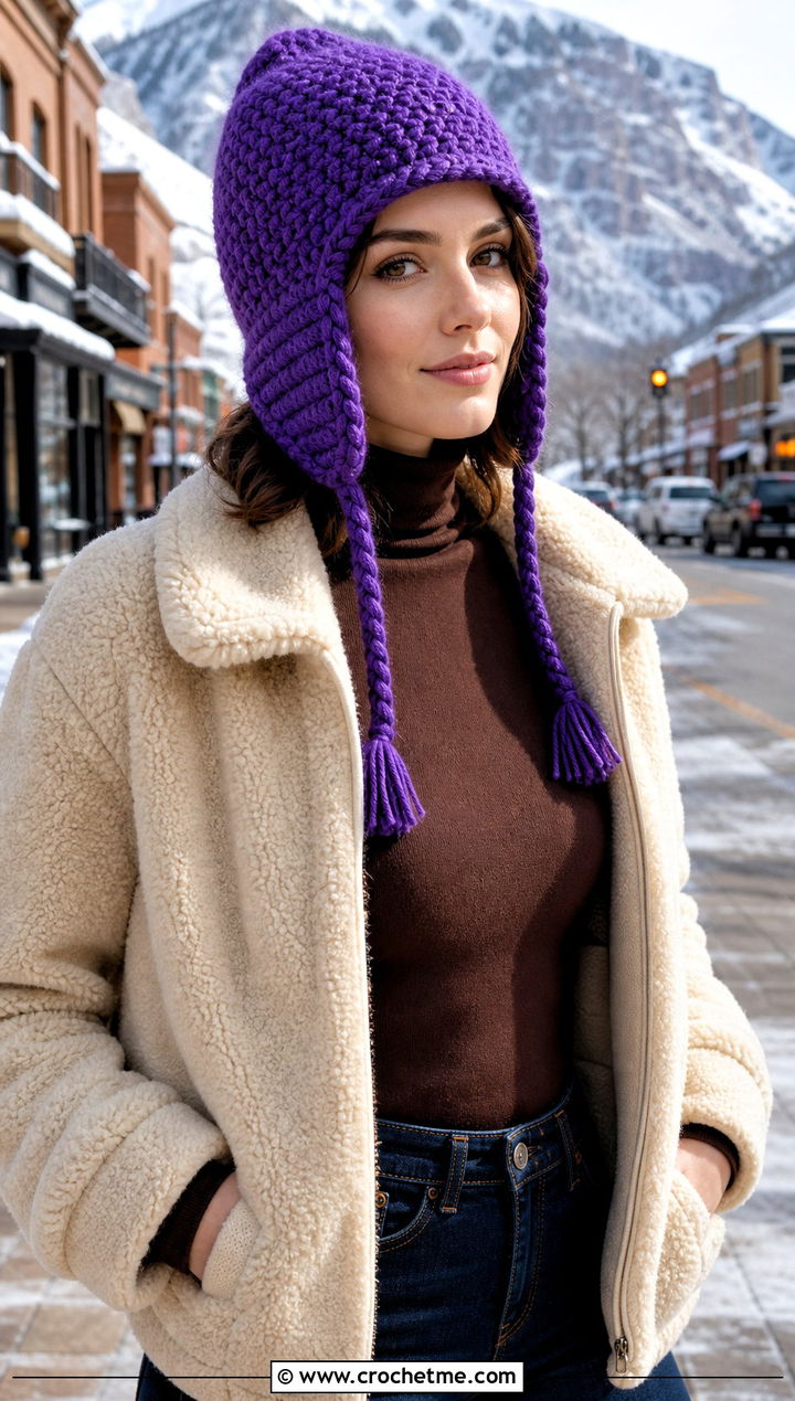 Crochet Earflap Hat With Shearling Coat and Flared Jeans - 15 Crochet Warm Winter Hat outfit ideas