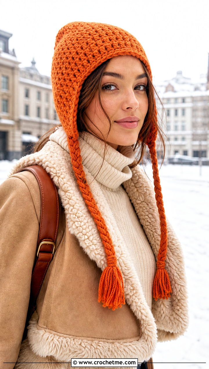 Crochet Earflap Hat With Shearling Coat - 15 Fun Crochet Hats For Adults outfit ideas
