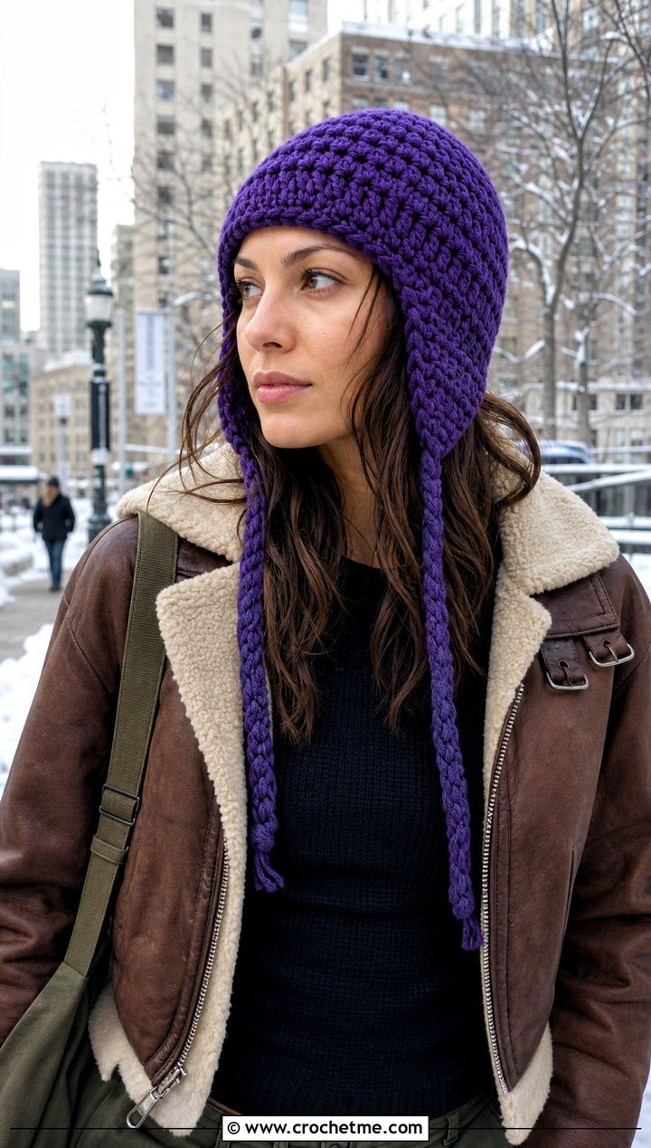 Crochet Earflap Hat With Shearling Jacket And Cargo Pants - 30 Quick And Easy Crochet Hat outfit ideas