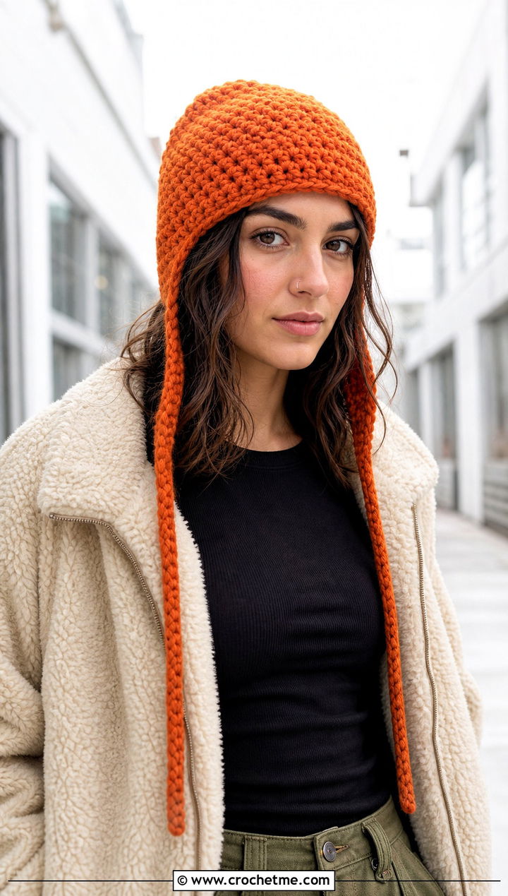 Crochet Earflap Hat With Shearling Jacket And Cargo Pants - 30 easy crochet winter hat outfit ideas