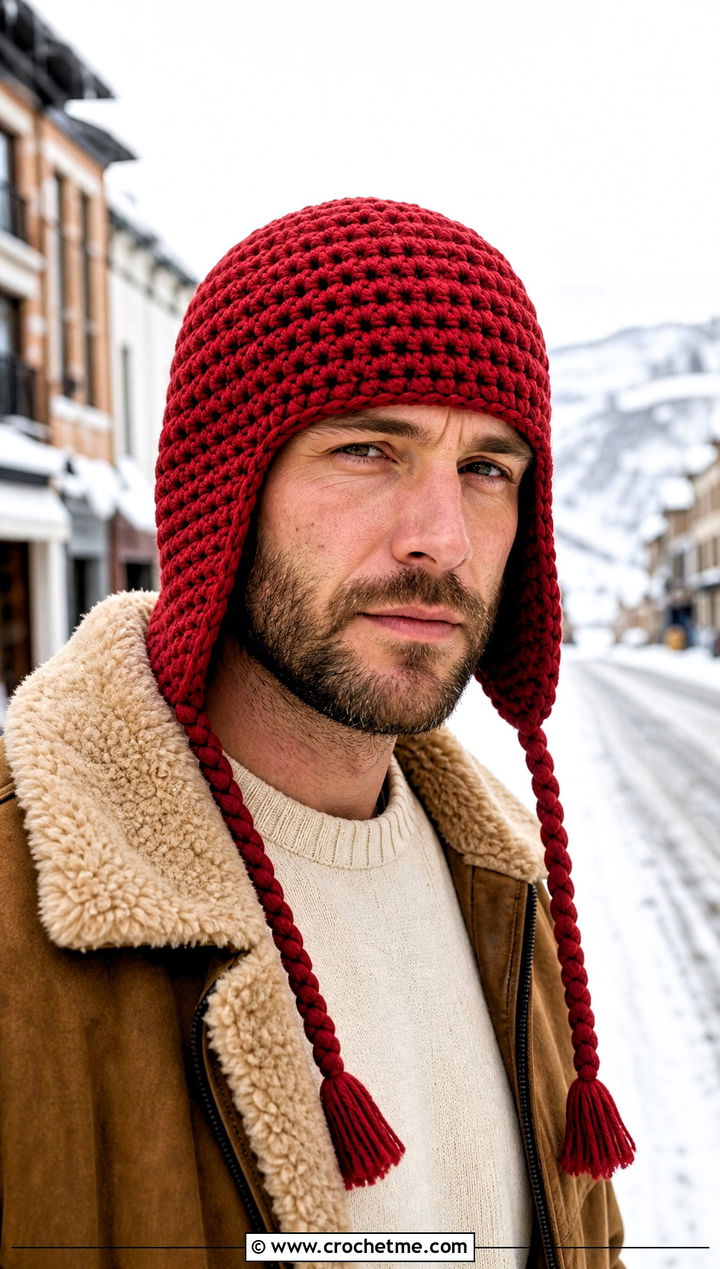 Crochet Earflap Hat With Shearling Jacket And Denim - 30 men's crochet hats outfit ideas