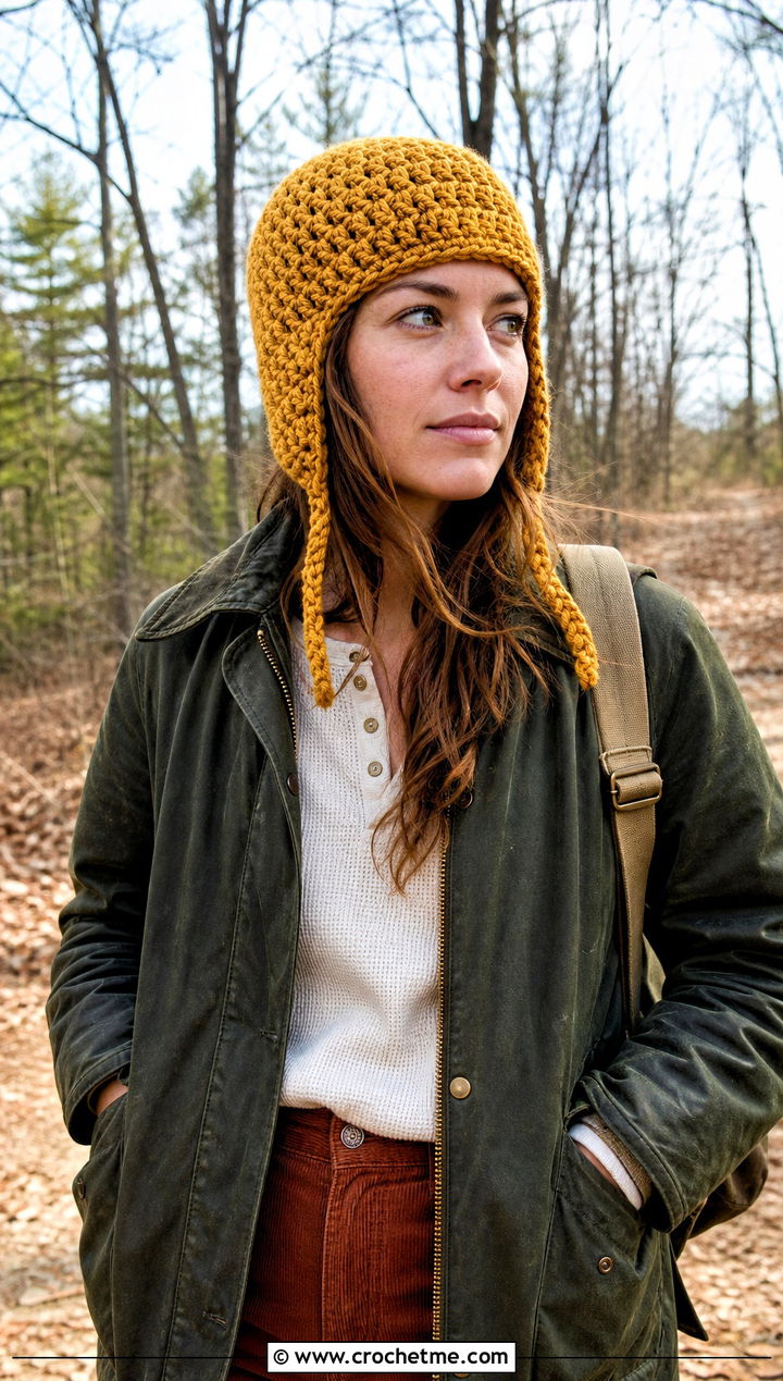 Crochet Earflap Hat With Utility Jacket - 25 easy simple crochet hats for beginners outfit ideas