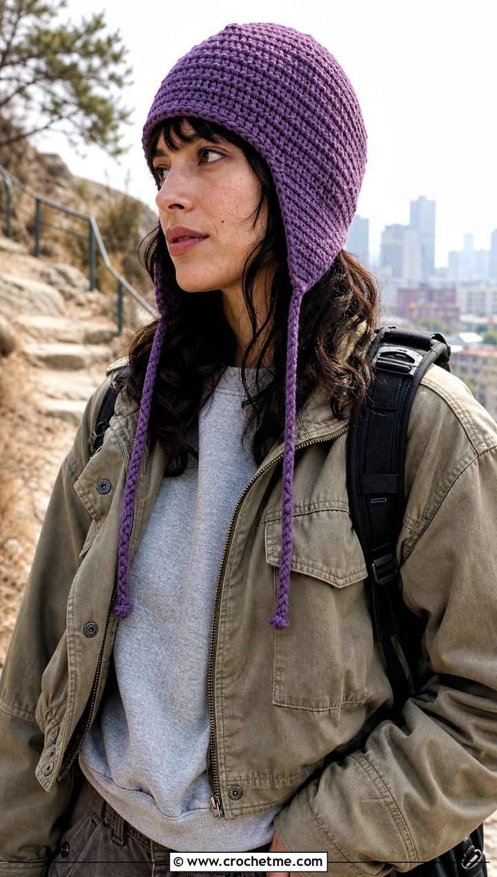 Crochet Earflap Hat With Utility Jacket - 25 crocheted hat outfit ideas
