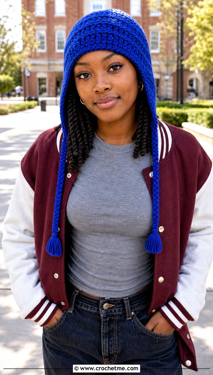 Crochet Earflap Hat With Varsity Jacket - 30 crochet hats black women outfit ideas