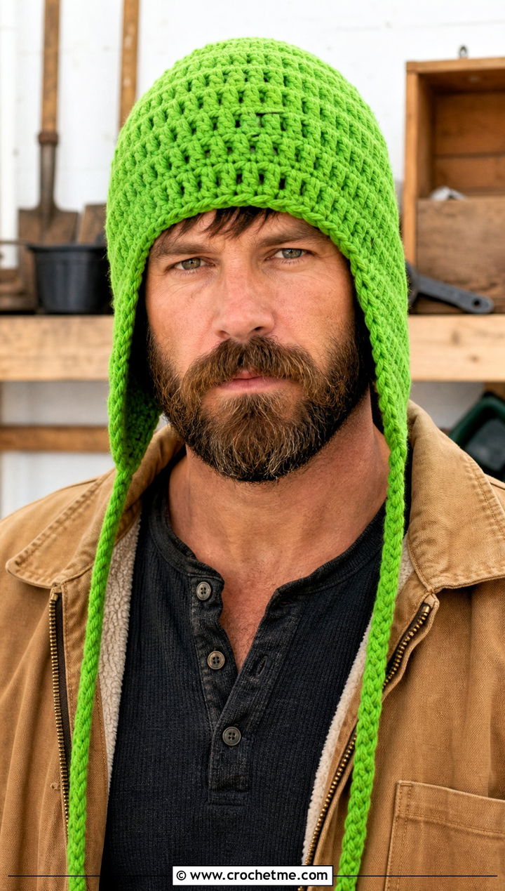 Crochet Earflap Hat With Workwear Jacket - 30 men crochet hat outfit ideas