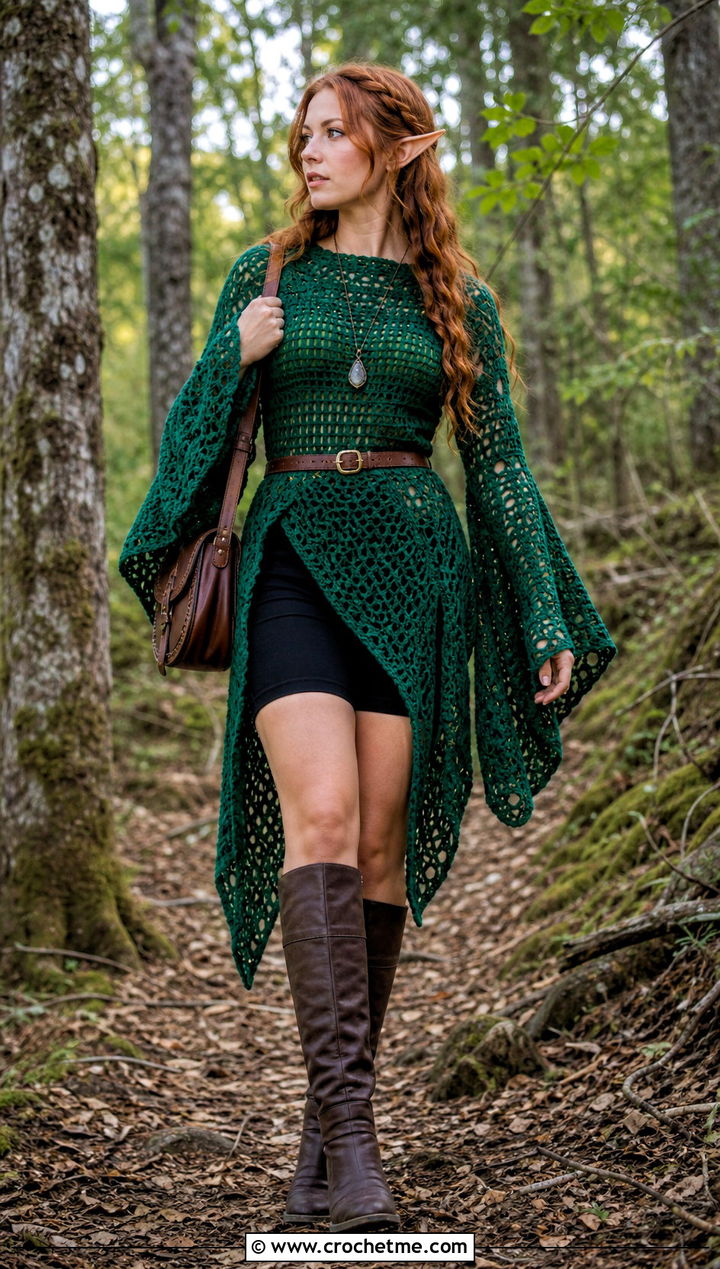 Crochet Elf Sleeve Tunic With Tall Boots - 25 Fantasy Crochet Clothing and outfit ideas