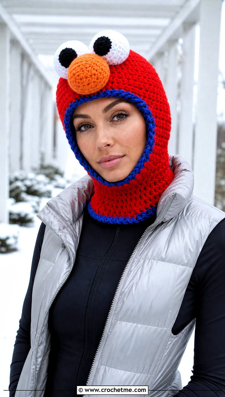 Crochet Elmo Balaclava Hat With Long Puffer Vest - 15 Crochet Elmo Hat outfit ideas