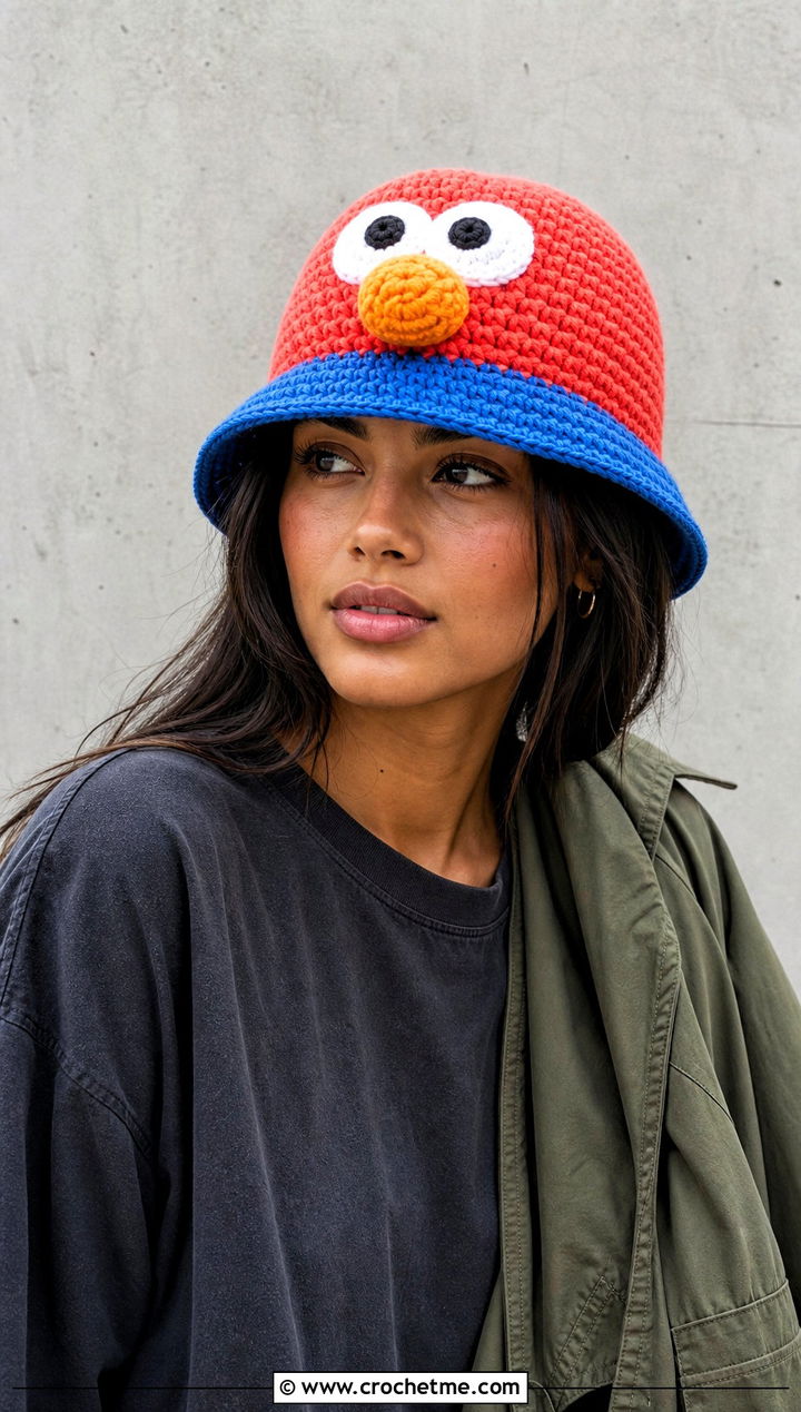 Crochet Elmo Bucket Hat With Cargo Pants - 15 Crochet Elmo Hat outfit ideas