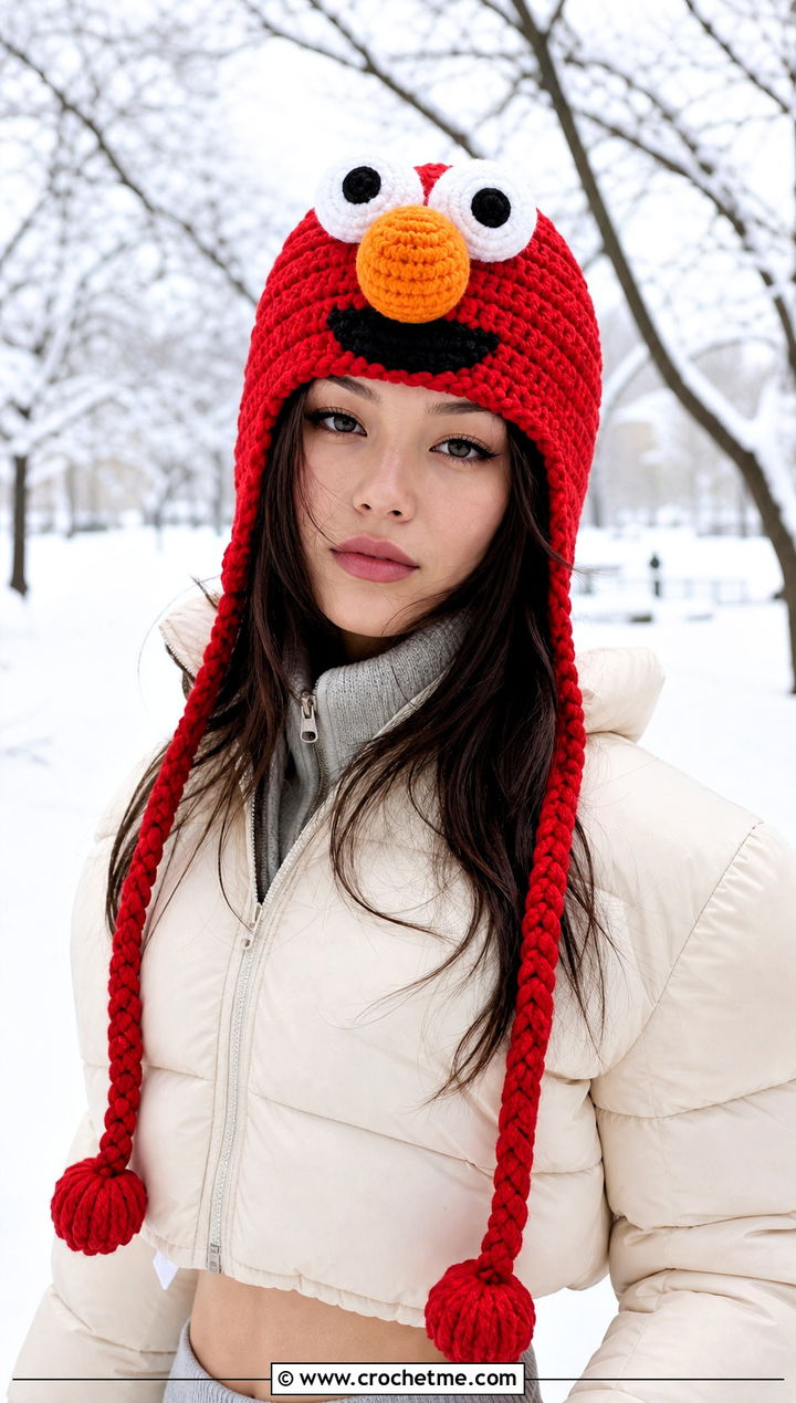 Crochet Elmo Earflap Hat With Puffer Coat - 15 Crochet Elmo Hat outfit ideas