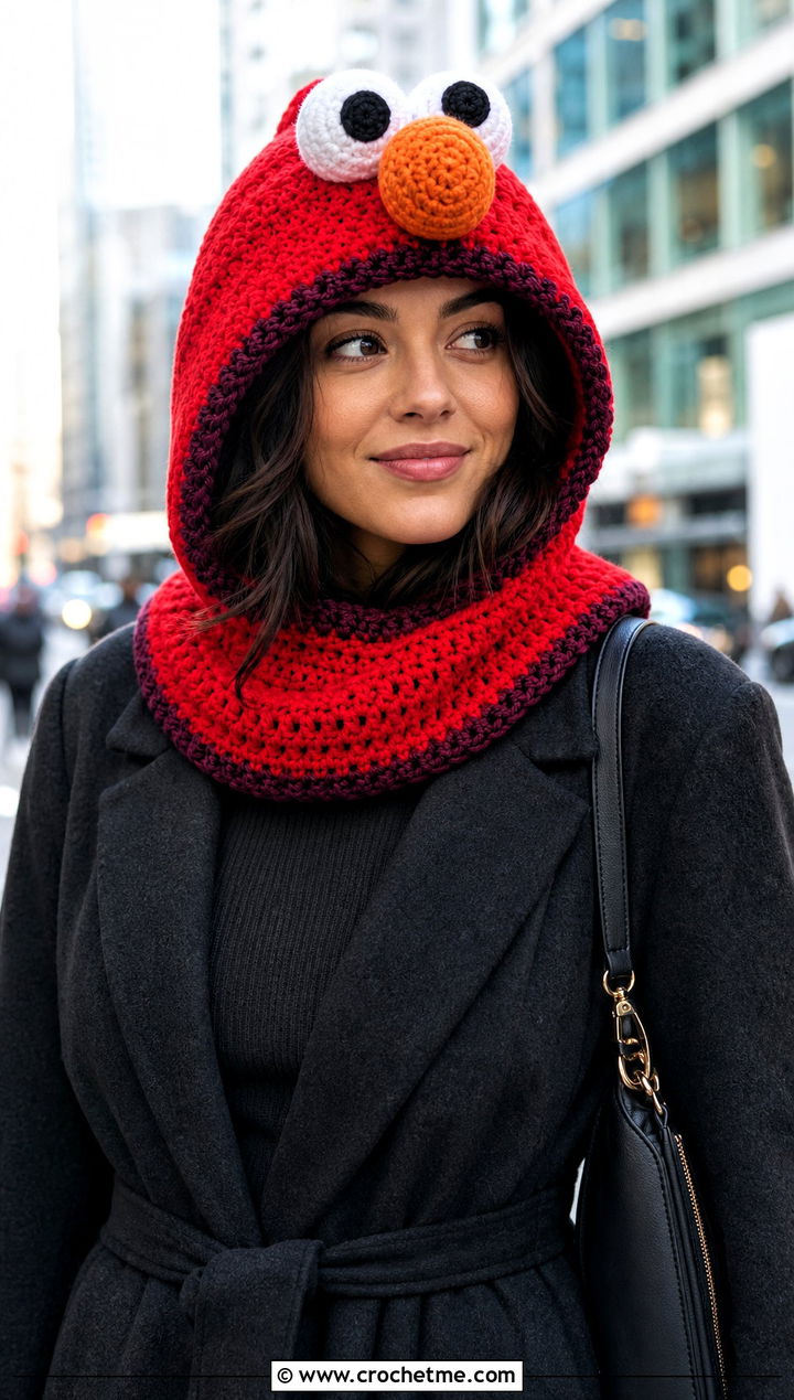 Crochet Elmo Hood Hat With Monochrome Outfit - 15 Crochet Elmo Hat outfit ideas