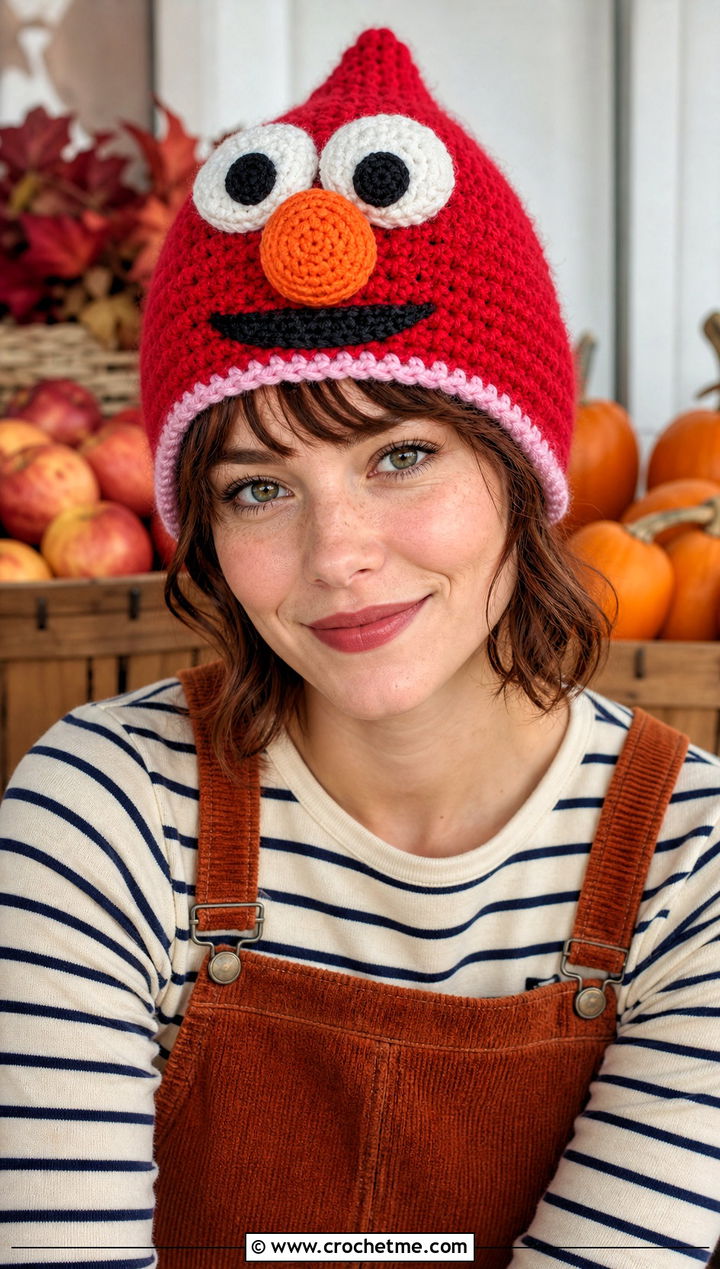Crochet Elmo Pixie Hat With Corduroy Overalls - 15 Crochet Elmo Hat outfit ideas