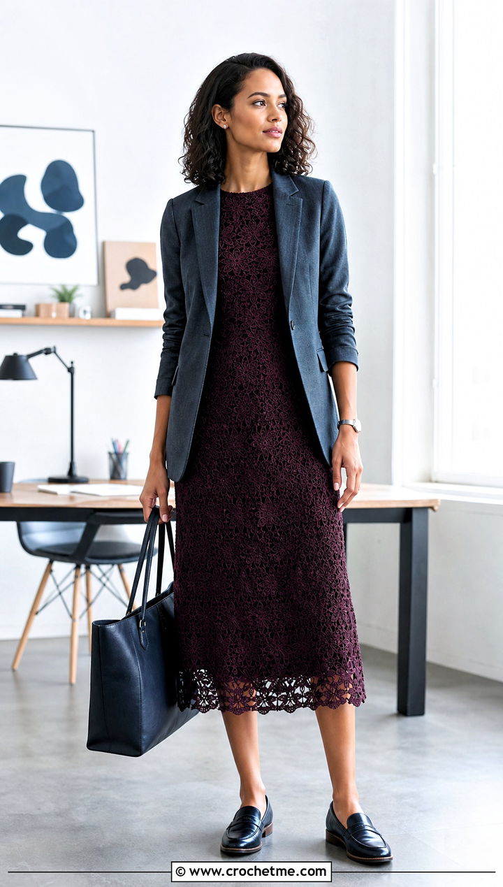 Crochet Elsa Midi Dress With Blazer And Loafers - 30 crochet elsa dress outfit ideas