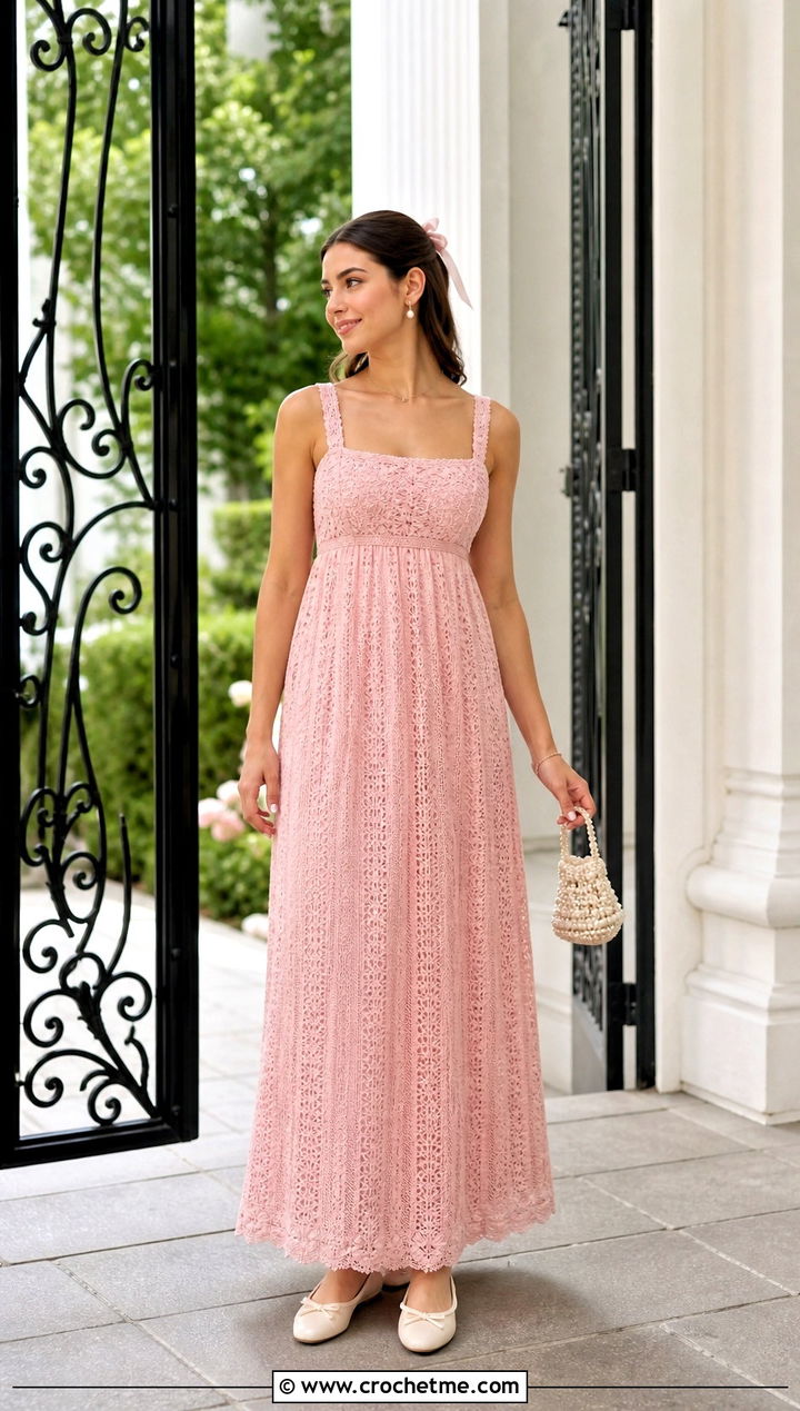 Crochet Empire Waist Prom Dress With Ballet Flats - 25 Crochet Prom Dress outfit ideas