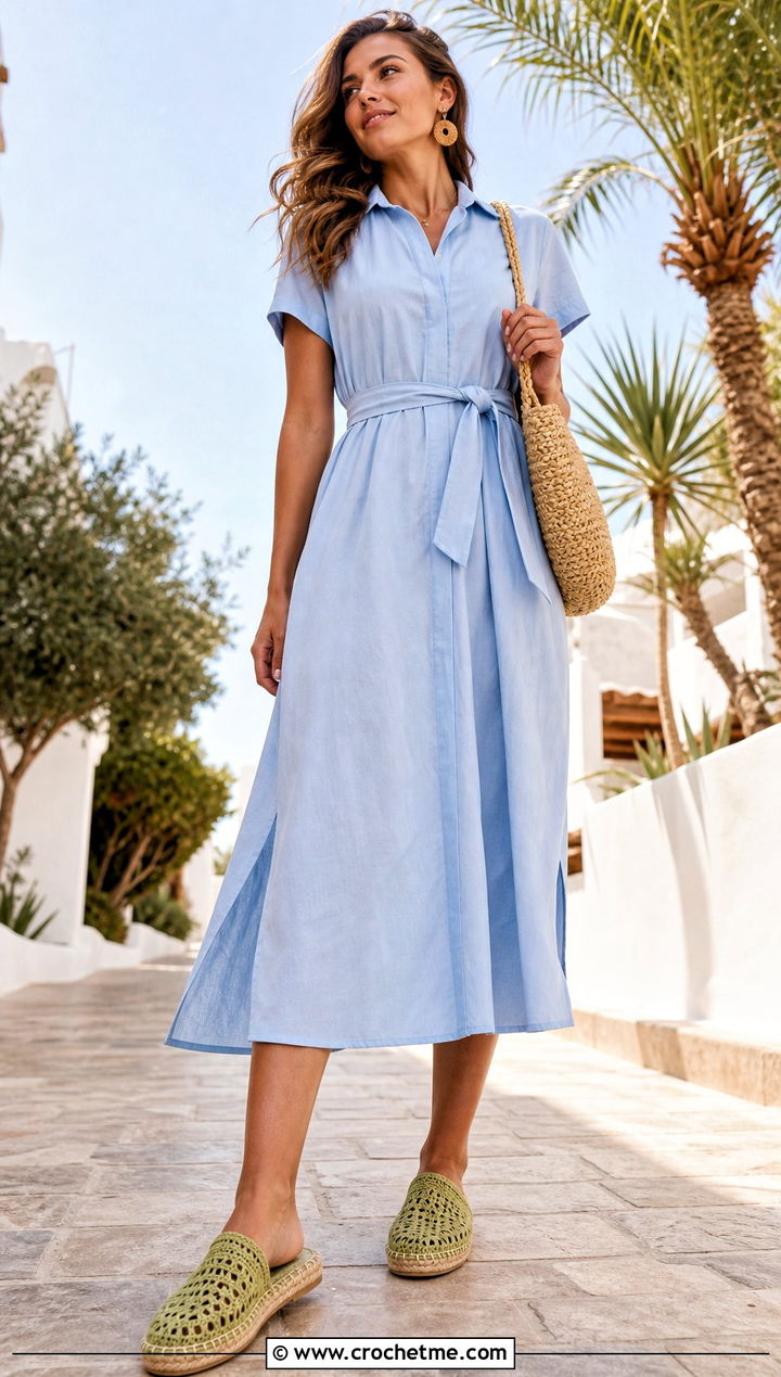 Crochet Espadrille Slippers With A Shirt Dress - 15 easy flat crochet slippers outfit ideas