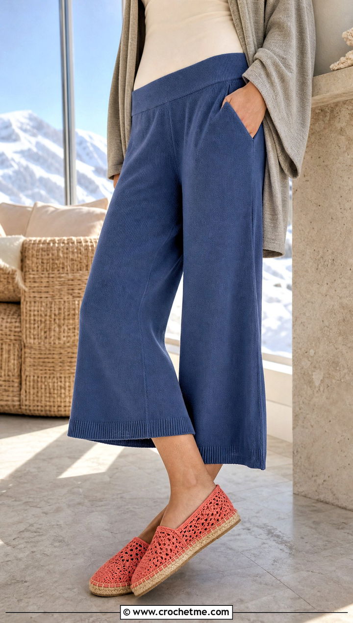 Crochet Espadrille Slippers With Wide Leg Knit Pants - 25 crochet winter slippers outfit ideas