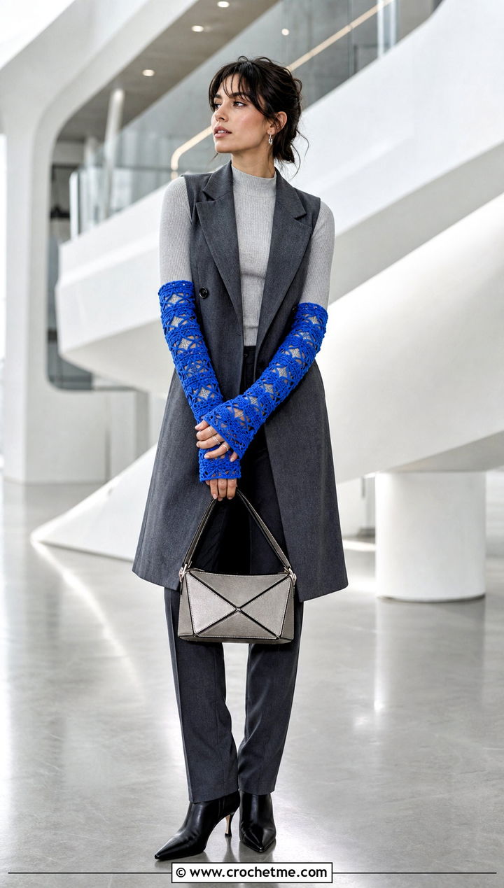 Crochet Extended Star Arm Warmers With Sleeveless Coat - 35 crochet star gloves outfit ideas