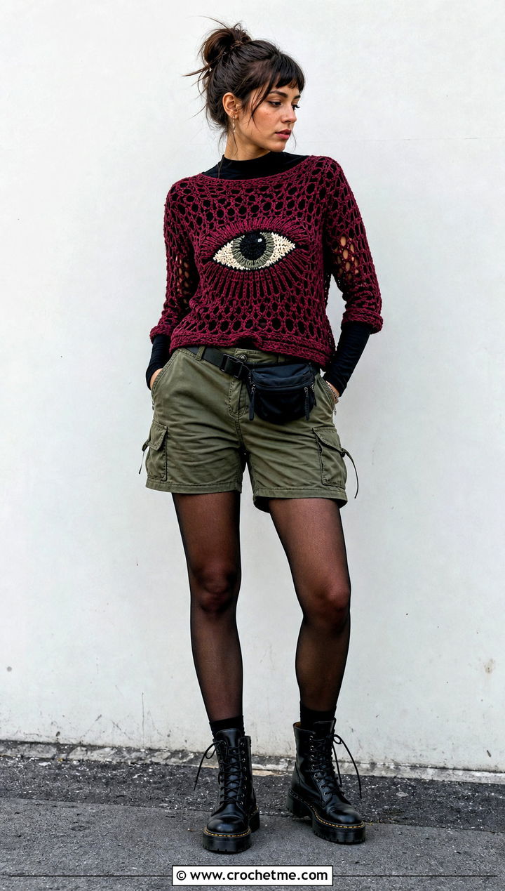 Crochet Eye Sweater With Utility Shorts - 35 Crochet Grunge Clothes and outfit ideas