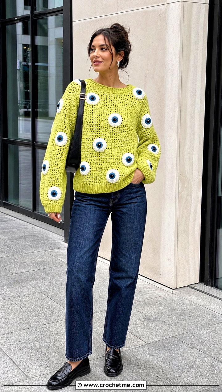 Crochet Eyeball Sweater With Straight Leg Jeans - 25 weird crochet clothes and outfit ideas
