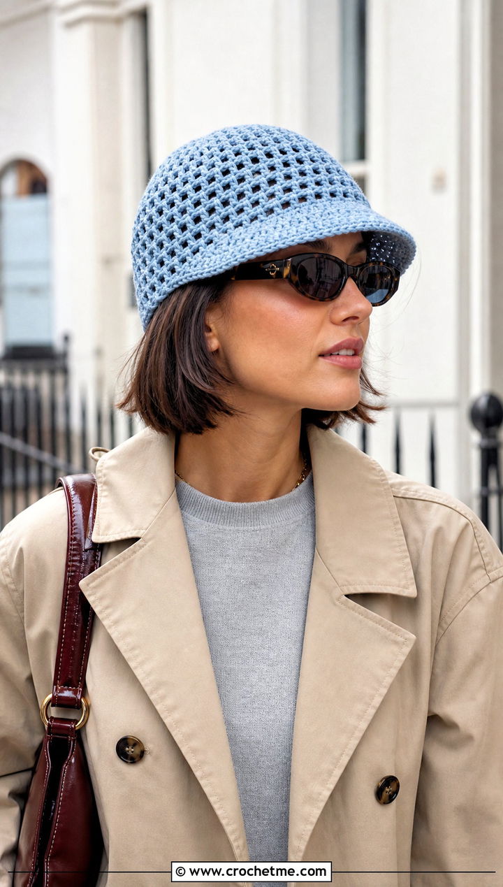 Crochet Eyelet Brimmed Beanie With Trench Coat - 20 Crochet Beanie With Brim outfit ideas