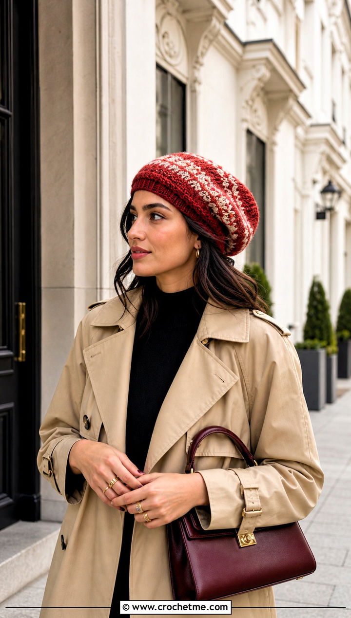 Crochet Fair Isle Tam With Trench Coat - 25 Crochet Fair Isle Hat outfit ideas