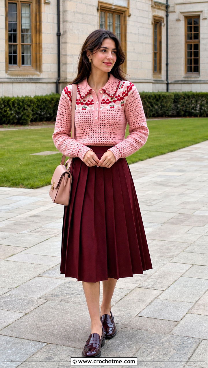 Crochet Fairisle Polo Sweater With Pleated Midi Skirt - 15 Crochet Fairisle Sweater outfit ideas