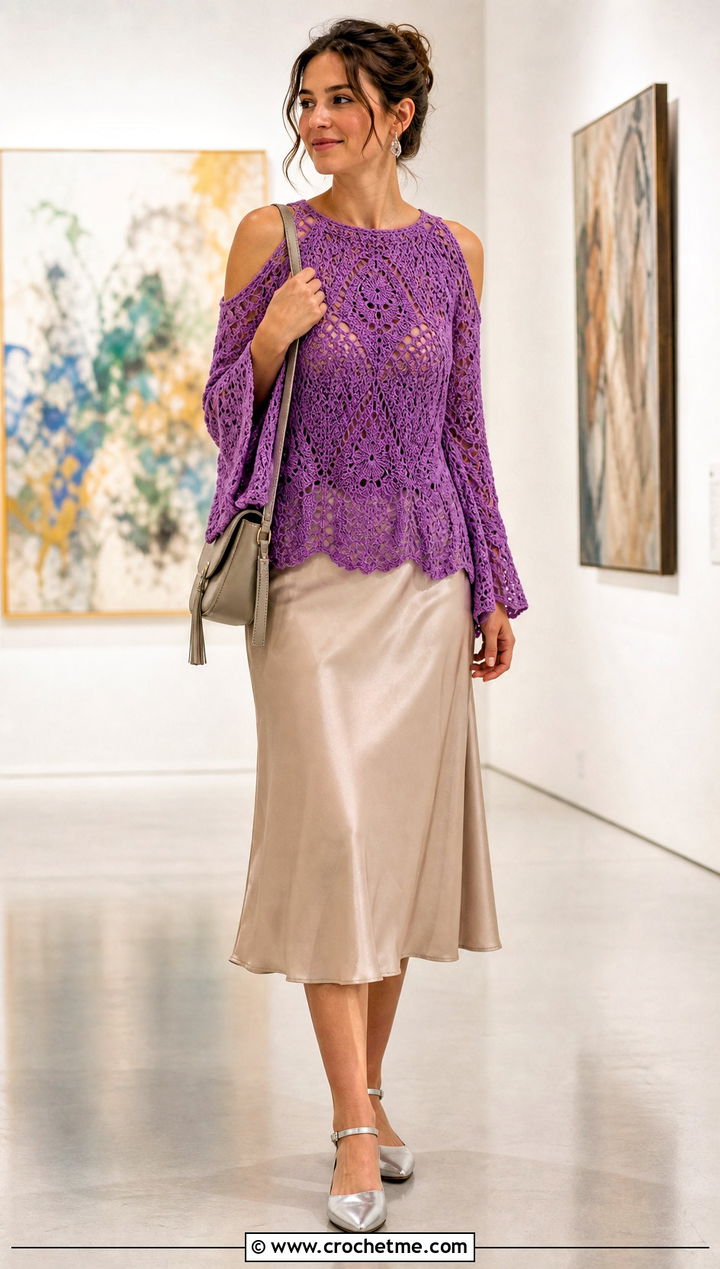 Crochet Fairy Cold Shoulder Sweater With Satin Skirt - 30 crochet fairy clothes and outfit ideas