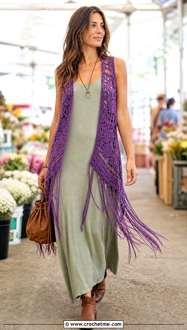 Crochet Fairy Fringe Vest With Maxi Dress - 30 crochet fairy clothes and outfit ideas