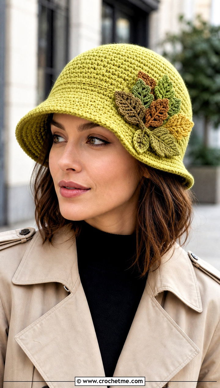 Crochet Fall Leaf Cloche Hat With Trench Coat - 15 Crochet Thanksgiving Hat outfit ideas
