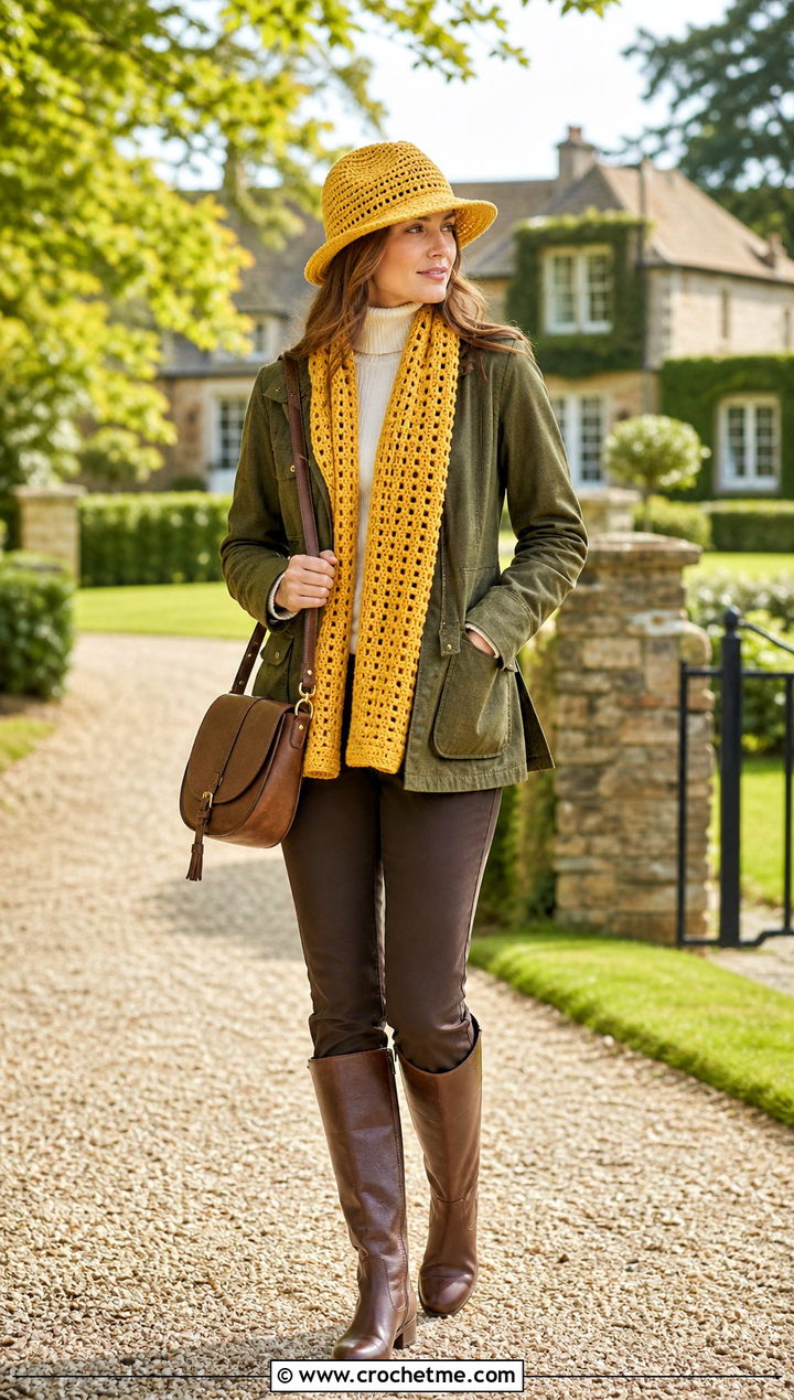 Crochet Fedora Hat And Classic Scarf With Riding Inspired Outfit - 35 crochet hat and scarf set outfit ideas