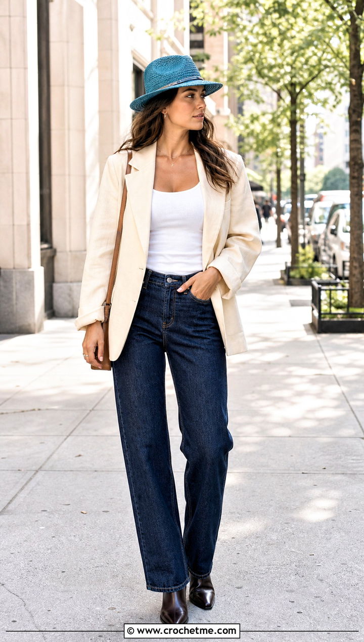 Crochet Fedora Hat With Blazer And Straight Jeans - 35 easy crochet hat outfit ideas