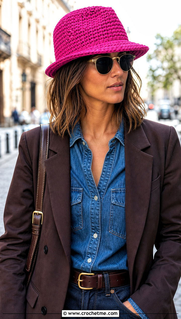 Crochet Fedora Hat With Denim Shirt And Tailored Trousers - 30 Quick And Easy Crochet Hat outfit ideas