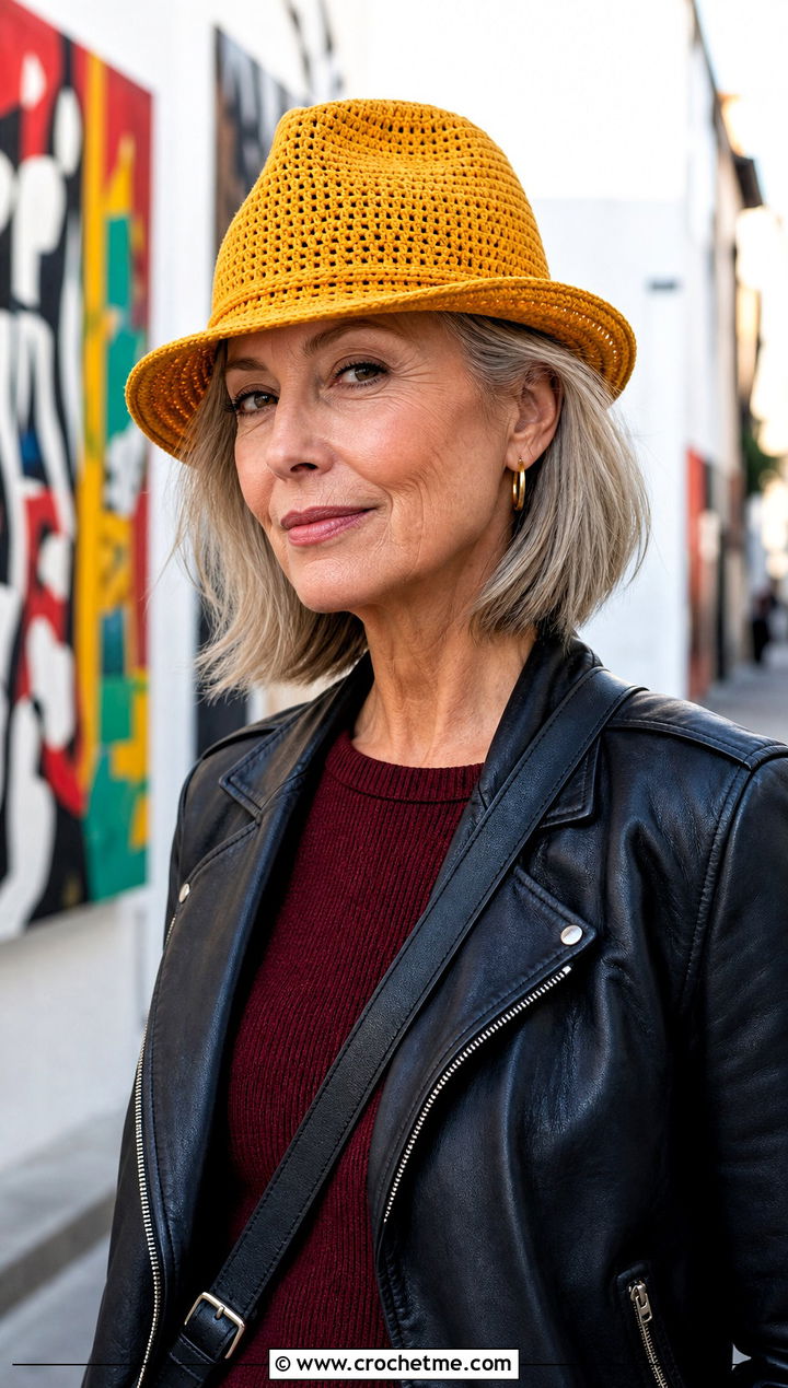 Crochet Fedora Hat With Leather Jacket - 25 Crochet Hat For Grandma outfit ideas